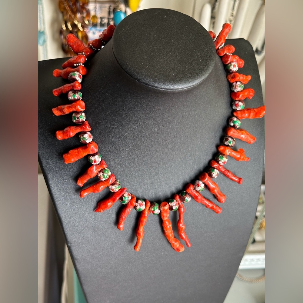 Red Branch coral and Cloisonné Beads. 17”